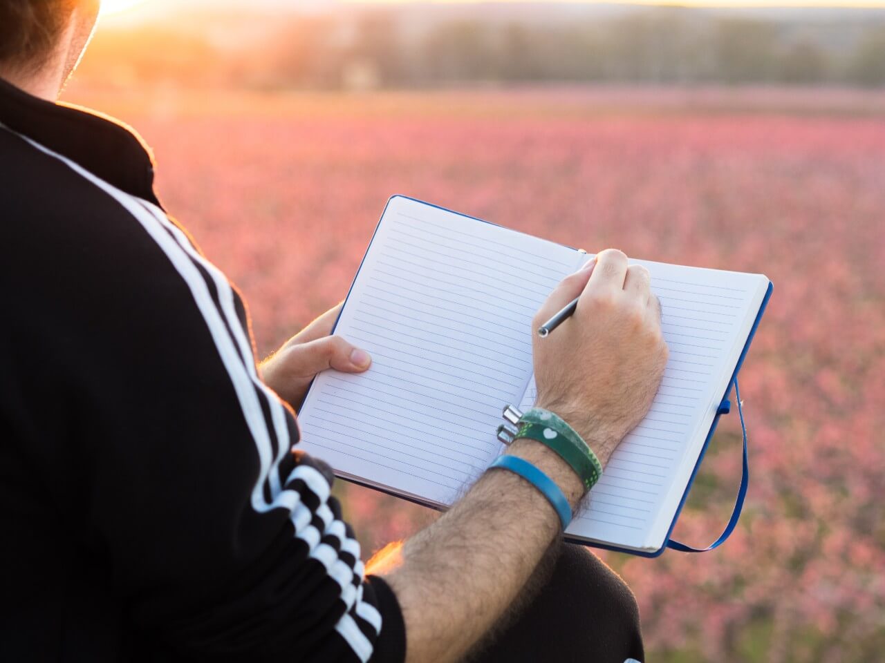 A man sits in a field, writing in a notebook, surrounded by tall grass and wildflowers under a clear blue sky.