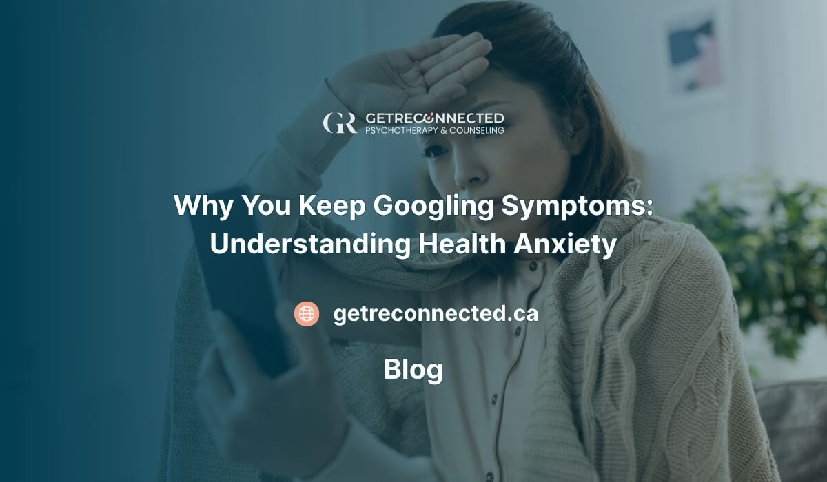 A woman anxiously looking at her phone while searching for symptoms online, representing the cycle of googling symptoms and health anxiety.