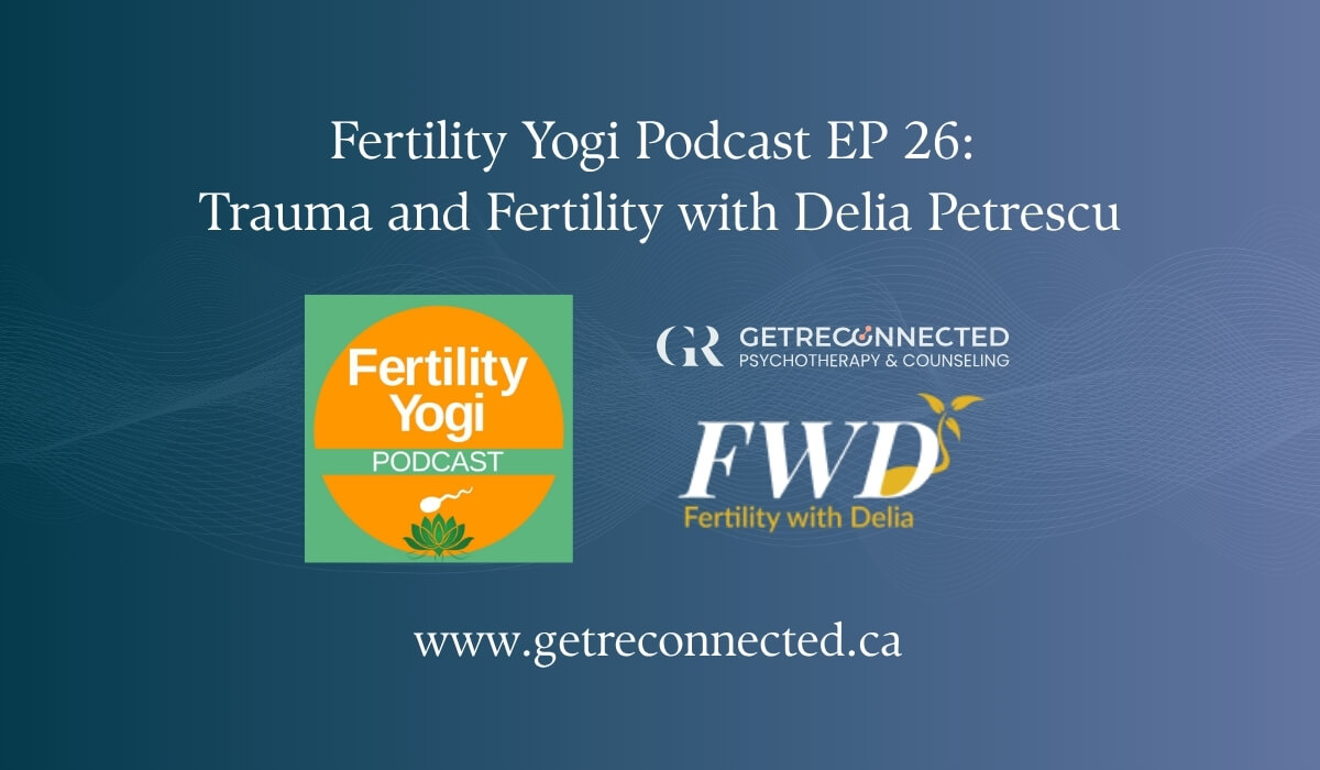 featured image saying Fertility Yogi Podcast EP 26: Trauma and Fertility with Delia Petrescu