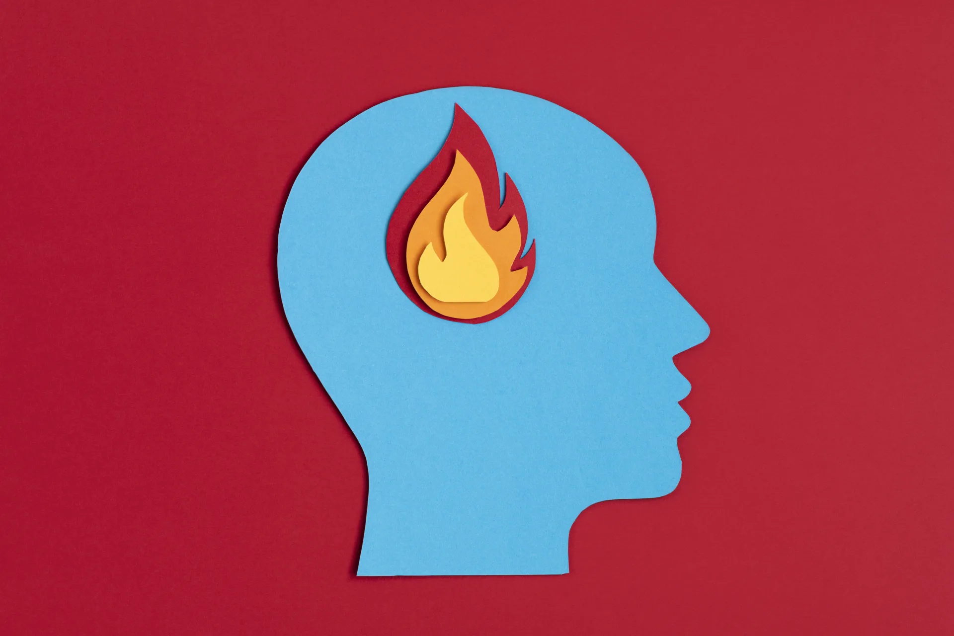 Paper-cut profile of a head with a flame at the brain area