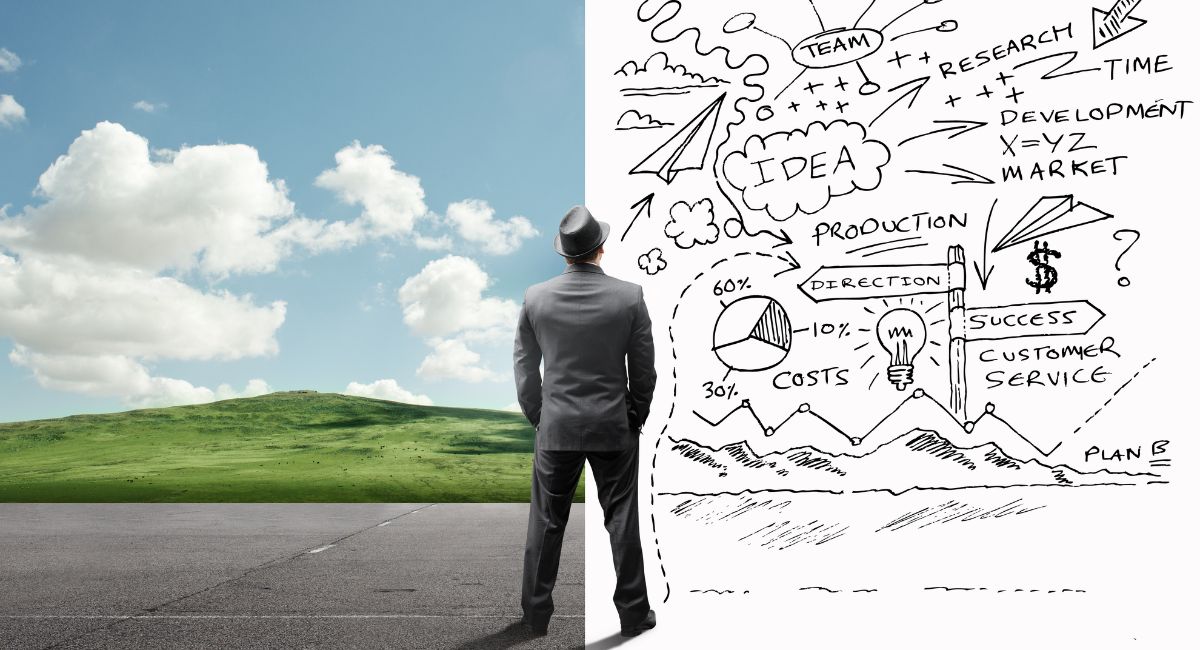 A man in a suit stands at a crossroads, gazing at a sketch merging reality and vision, illustrating concepts like team, idea, research, development, production, costs, direction, and success.