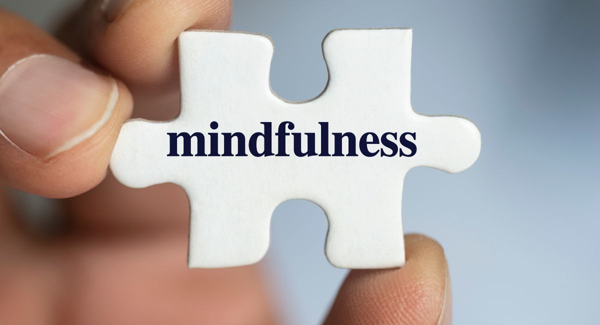 A puzzle piece held between fingers, with the word "mindfulness" printed on it, set against a soft-focus background.